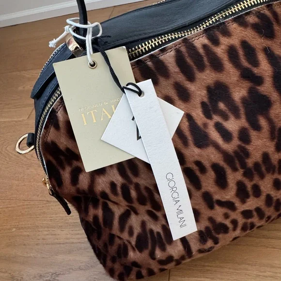 Giorgia Milani Leopard Print Calf Hair & Black Leather Satchel Purse - NWT - Picture 3 of 15